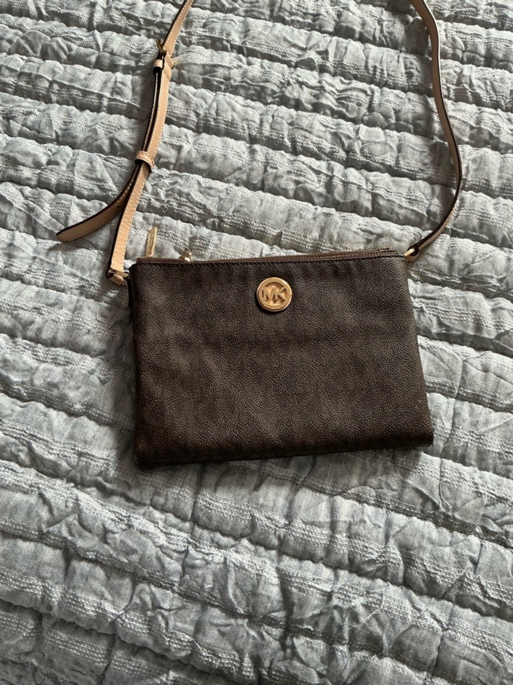 Michael Kors Dark Brown Crossbody Wristlet with Gold MK Accen